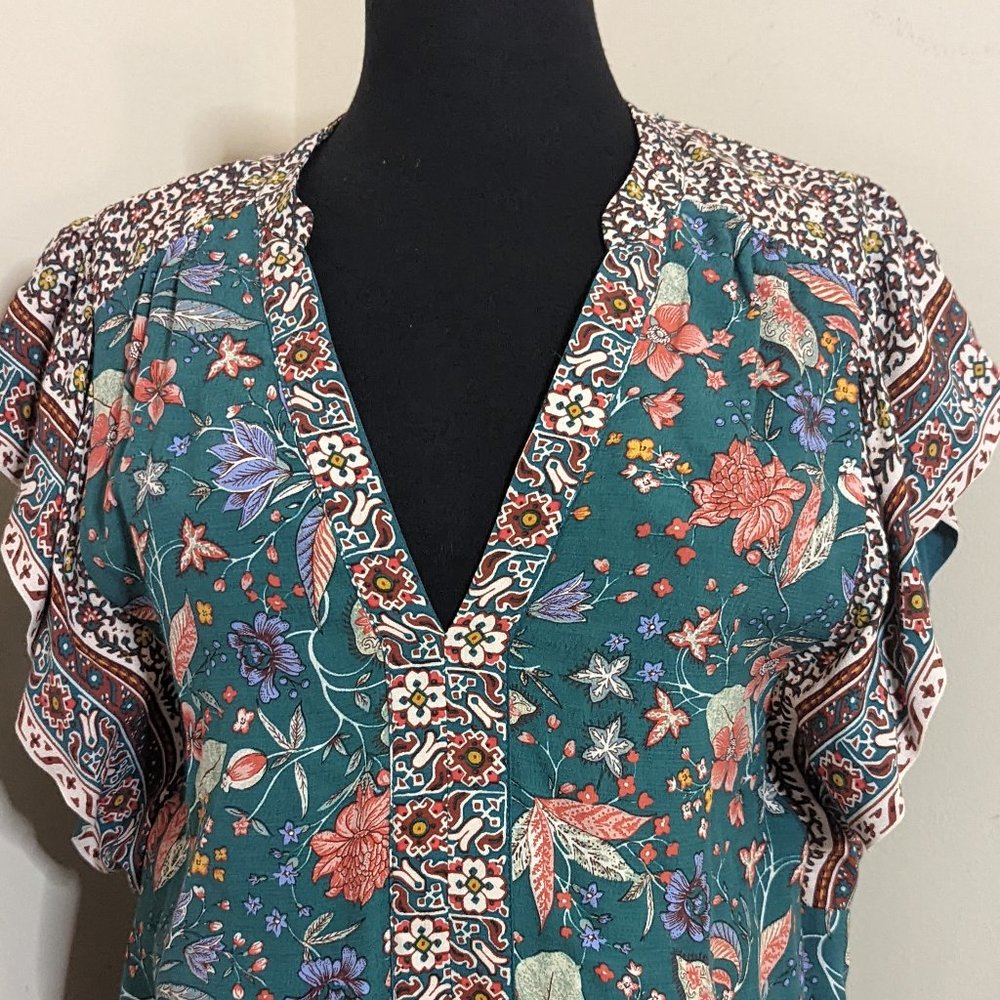 Anthropologie Zenia Floral Teal Mini Dress XL Petite